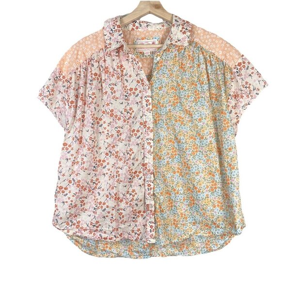American Eagle Top Women S Floral Patchwork Button Up Shirt Oversized Y2K Boho - Picture 1 of 8